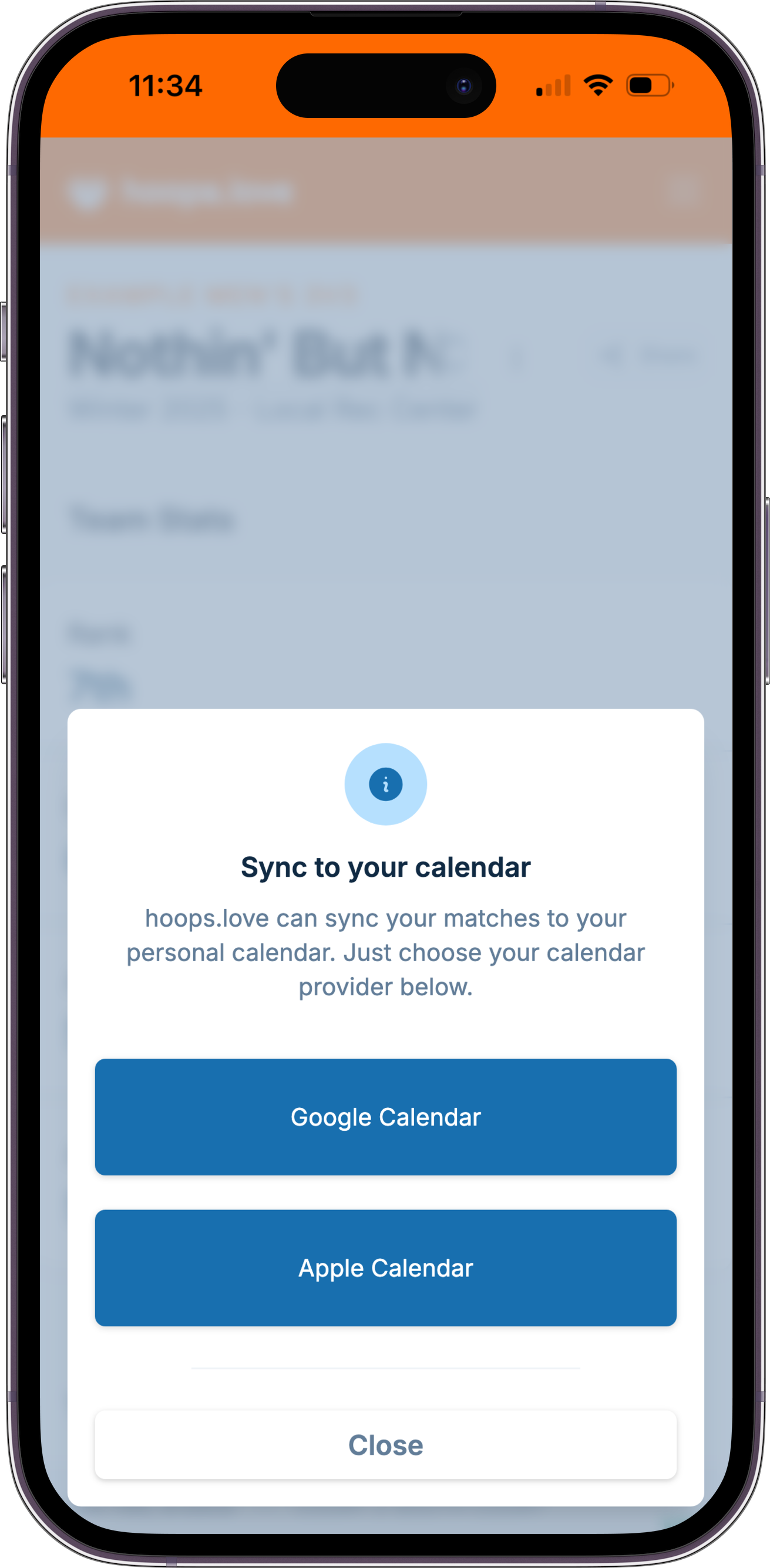 A screenshot showing the options of subscribing to a team calendar, which allows syncing to Google Calendar and Apple Calendar