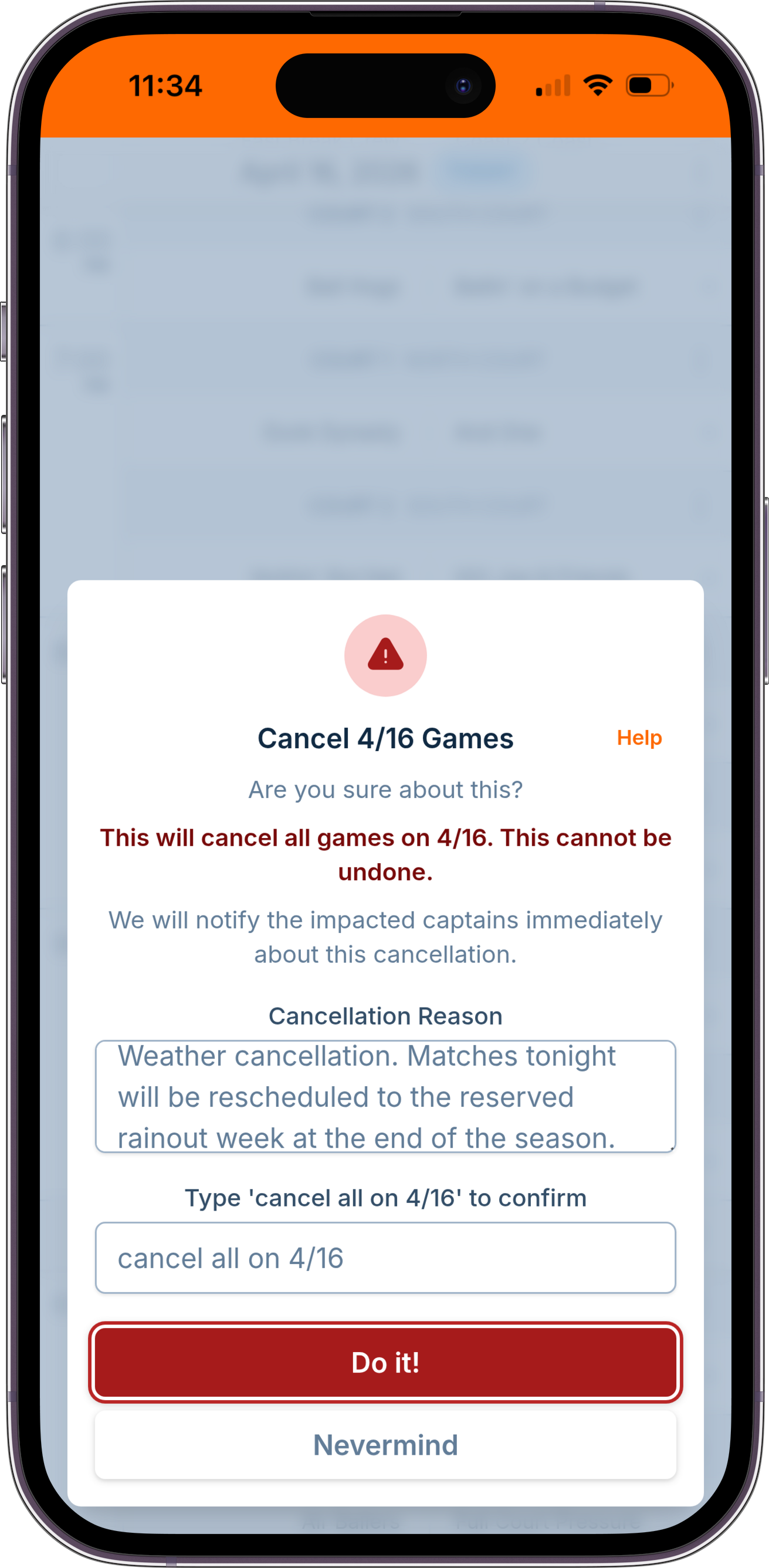 A screenshot showing the game cancellation dialog, where the manager has decided to cancel games and is providing a message to send to captains