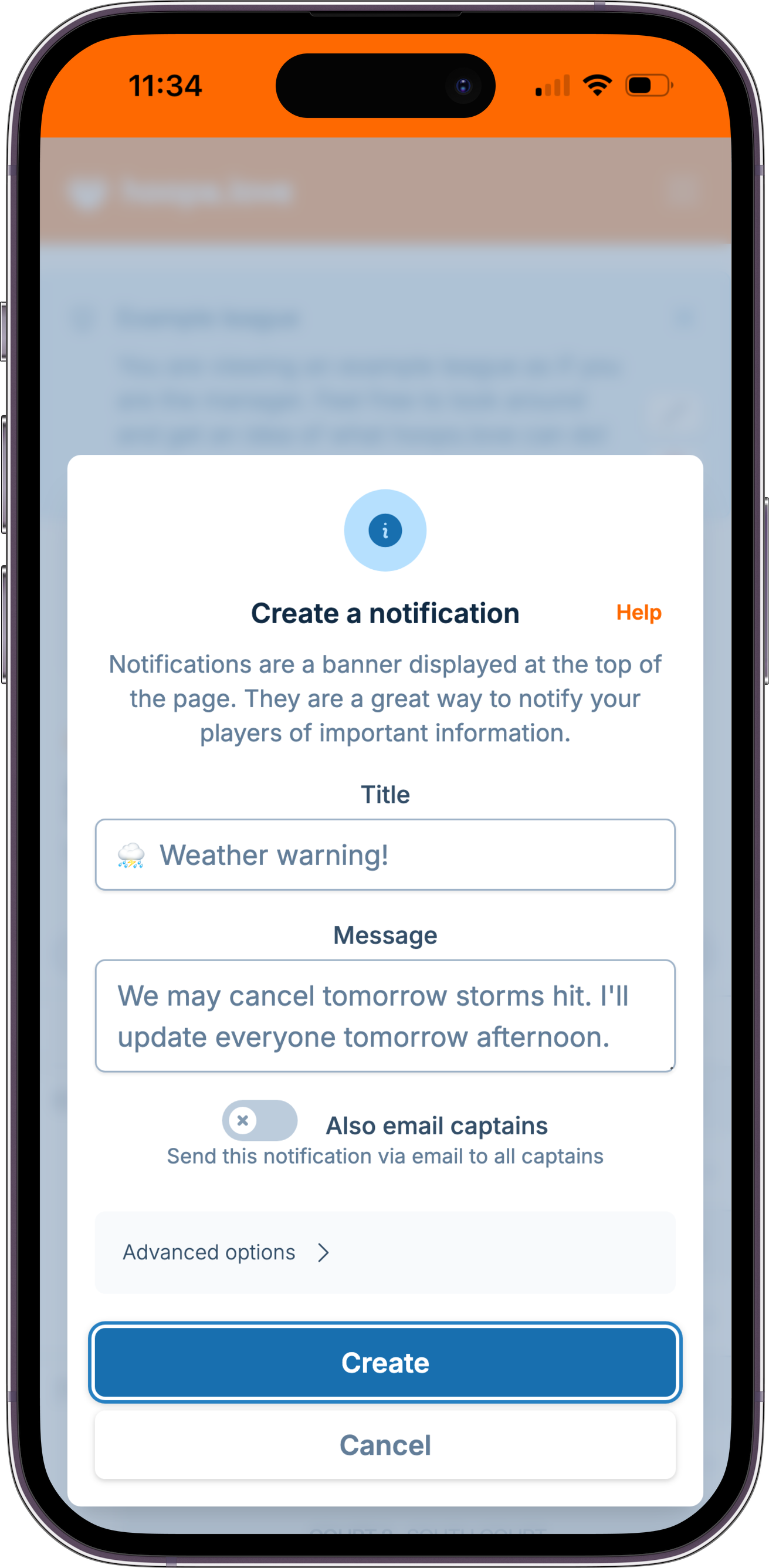 A screenshot showing the notification creation form, where a manager is notifying captains games may be canceled if the radar doesn't improve