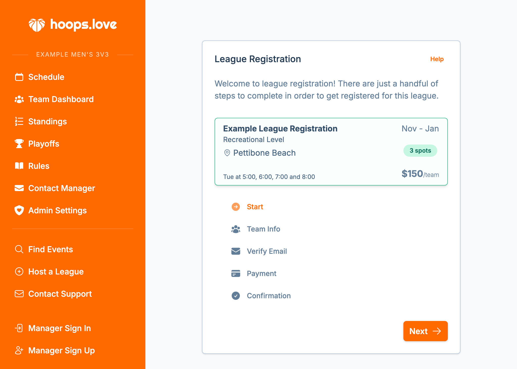 A screenshot of the team registration experience