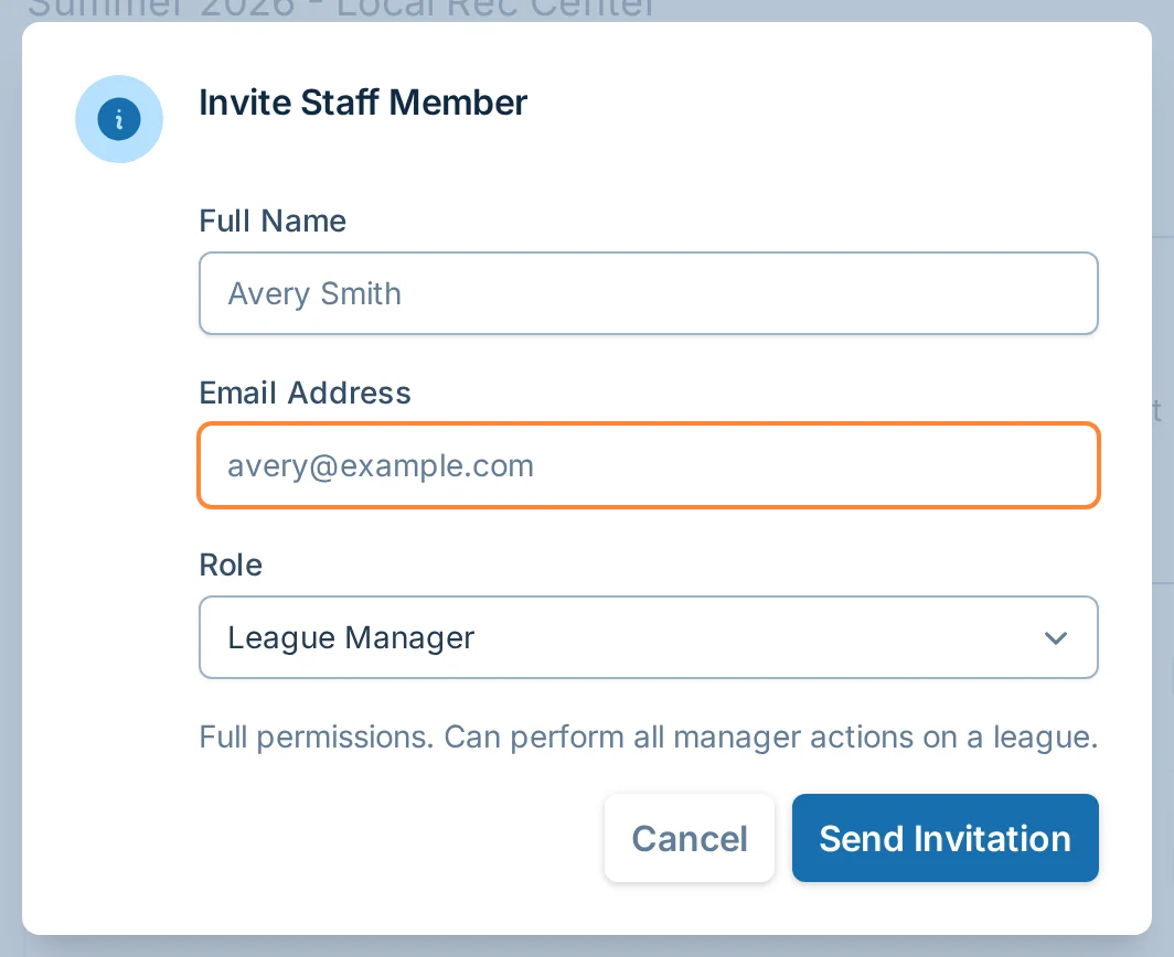 Invite staff member dialog in hoops.love, a basketball staff permissions tool